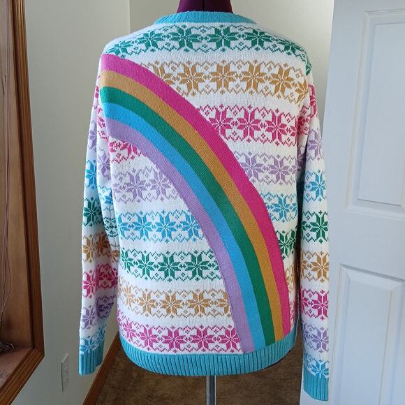 33Degrees Rainbow Unicorn Sweater L fair isle snowflakes soft white tassels ugly - Picture 4 of 15